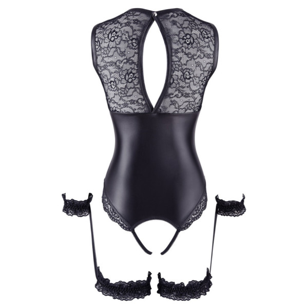 Body en dentelle et simili cuir ouvert avec menottes 